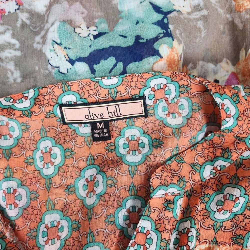 Olive Hill Womens Multicolor Floral Semi-Sheer Top Size M - Picture 3 of 4